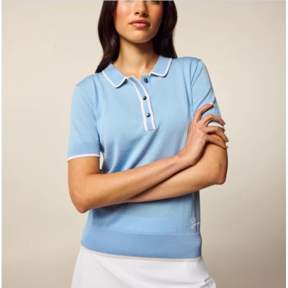 $198 Greyson Women Size XL Bardot Script Short Sleeve Sweater Polo
